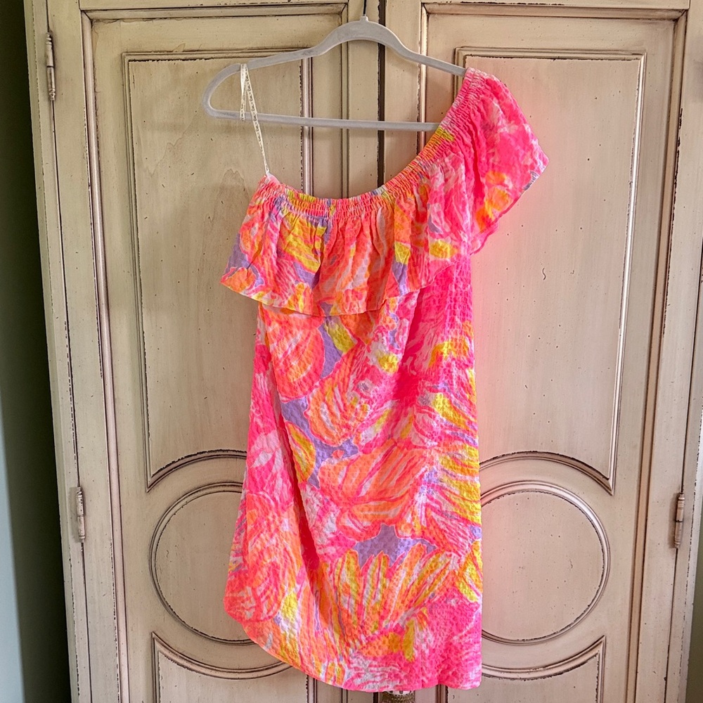 NWT Lilly Pulitzer Emmeline Sun splashed Pink and Orange Off-Shoulder Midi Dress